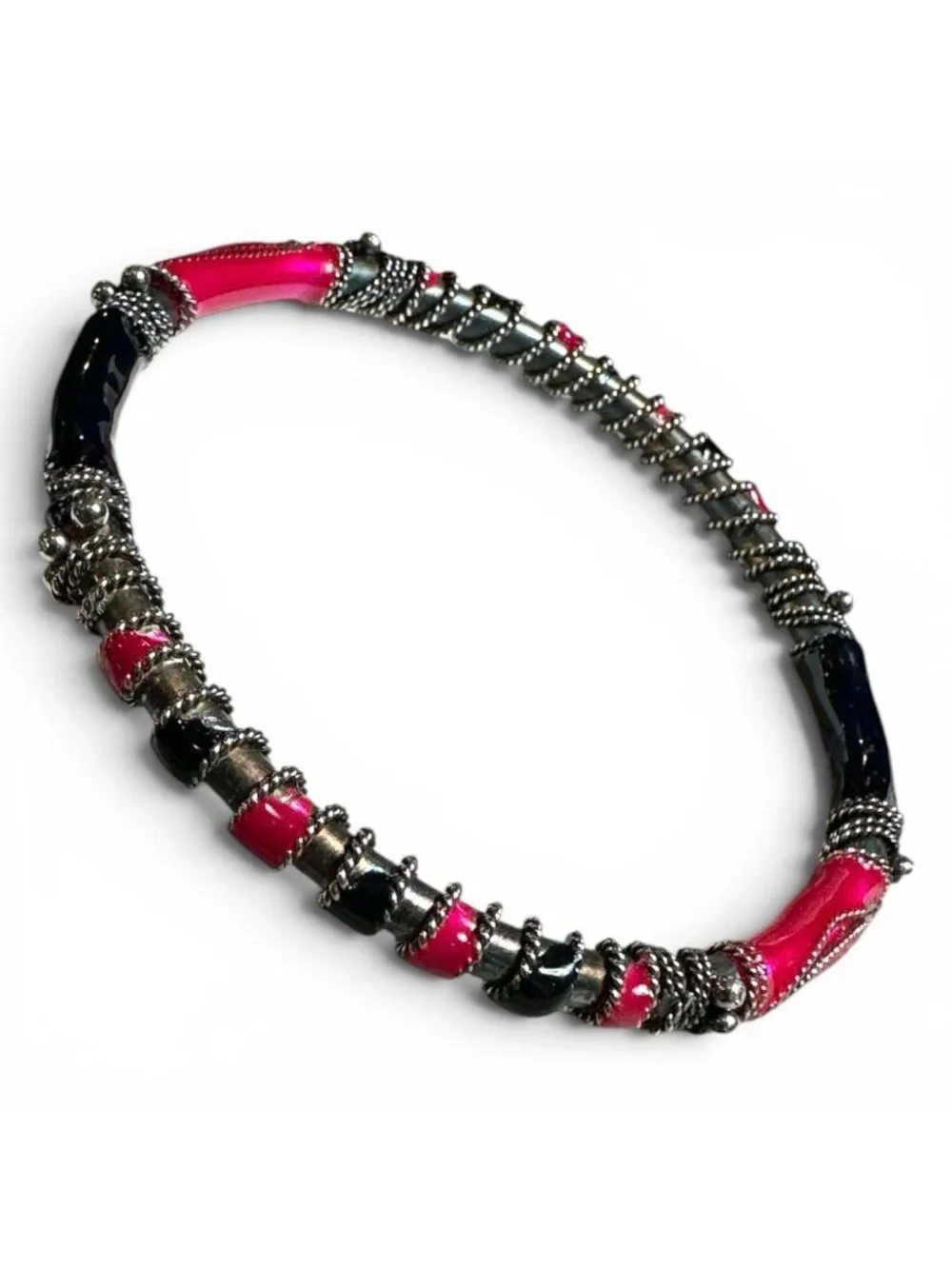 Vintage Bangle Bracelet Bright Pink Navy Metallic Enamel & Beaded Accents